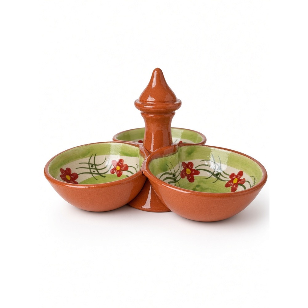 Hand Painted Algarve Portugal Terracotta 3 Bowl Condiment Server Floral Pottery